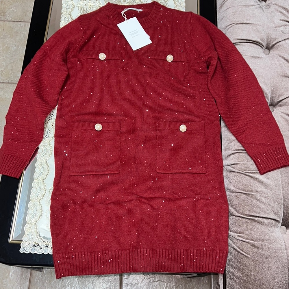 Red sparkly sweater dress with pearl buttons